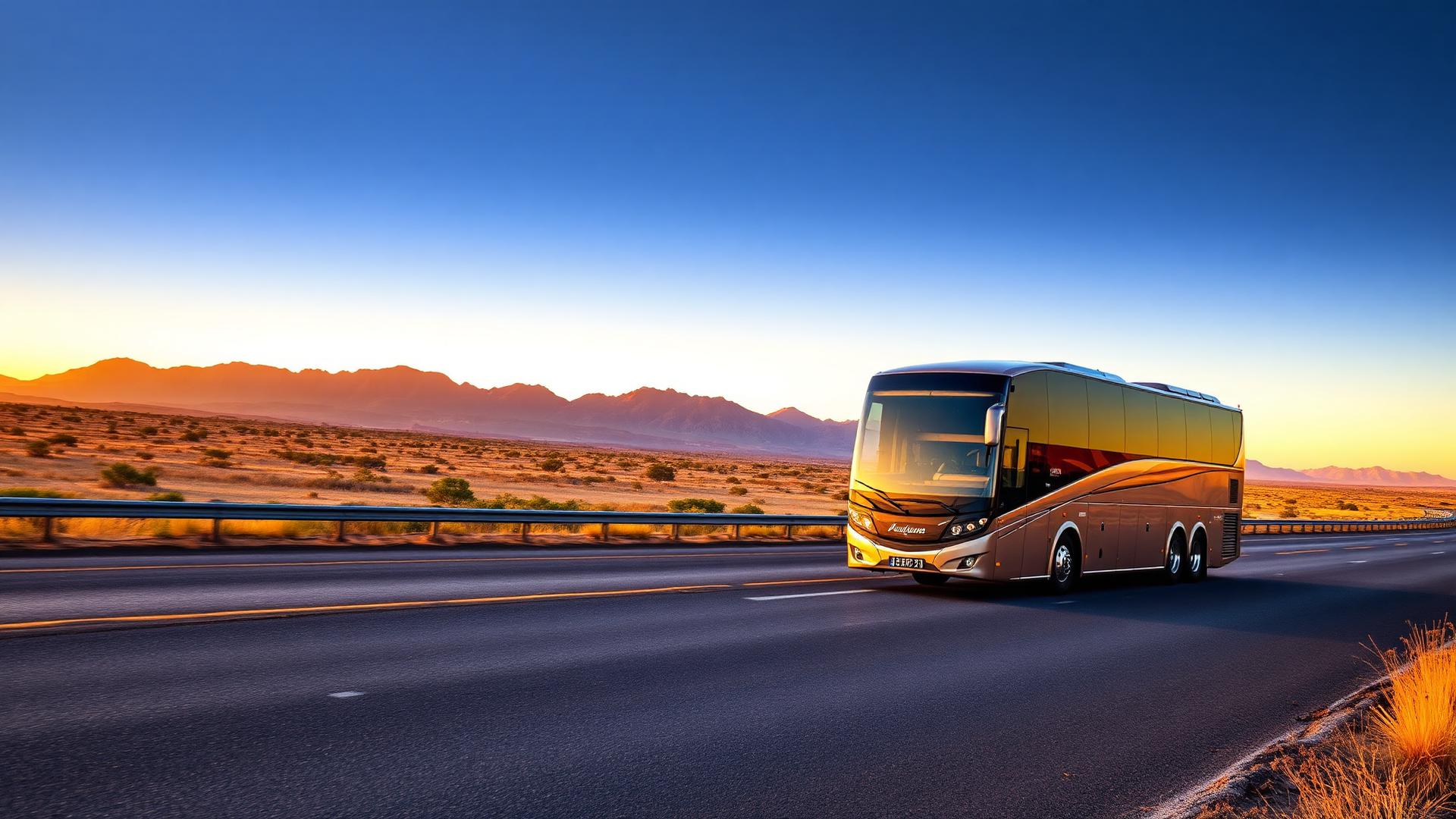 Dreamline Express executive coach on an East African highway at sunset